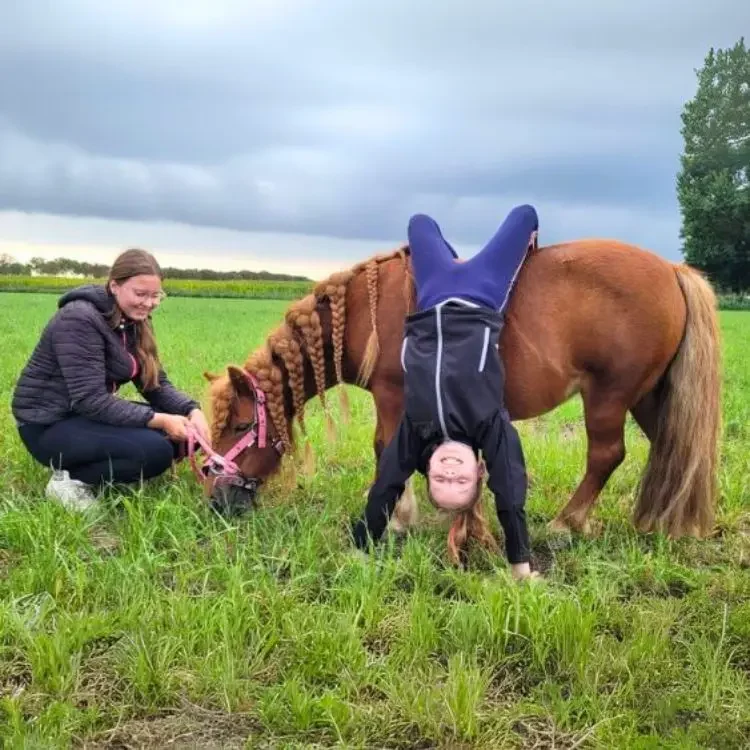 Persoon doet een handstand op de rug van een pony met gevlochten manen, terwijl een begeleider toekijkt in een groene weide onder een bewolkte hemel