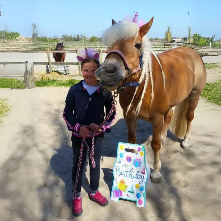 Kind met unicorn-hoofdband viert verjaardag samen met feestelijk versierde pony, voor een kleurrijk ‘Happy Birthday’-bord in een groene buitenomgeving